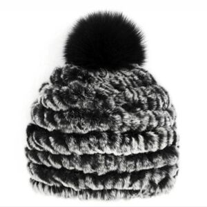Genuine Fox Fur & Knit Rabbit Chinchilla Look Stretchy Beanie Hat